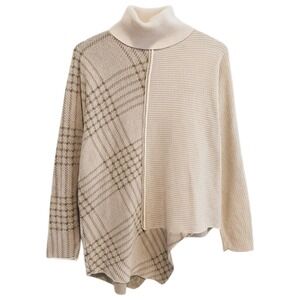 Mystree Turtleneck Sweater Womens M/L Beige Plaid Asymmetrical Mixed Knit Plaid‎